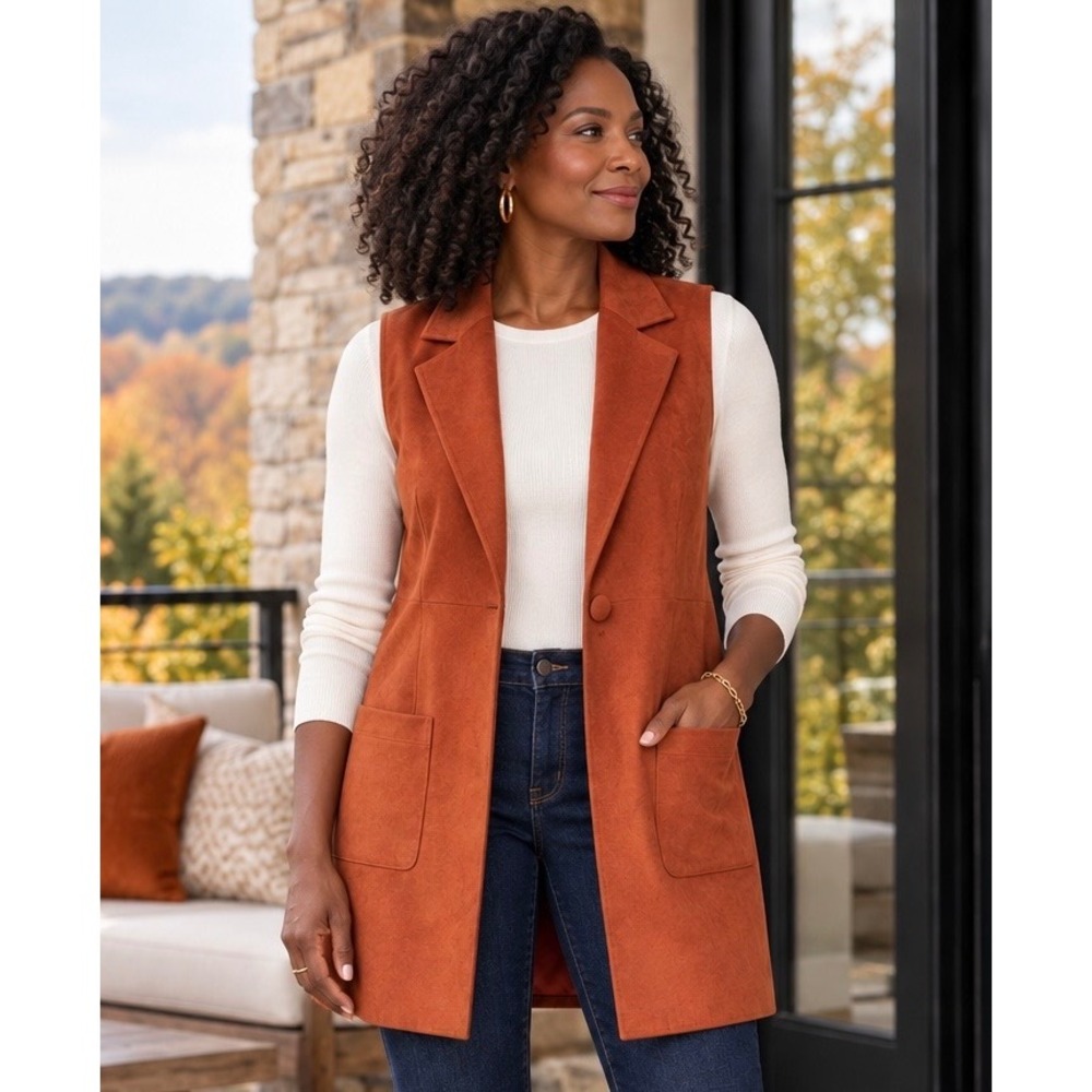 Solitaire Burnt Orange Faux Suede Longline Vest 70s Style Side Pockets Size L